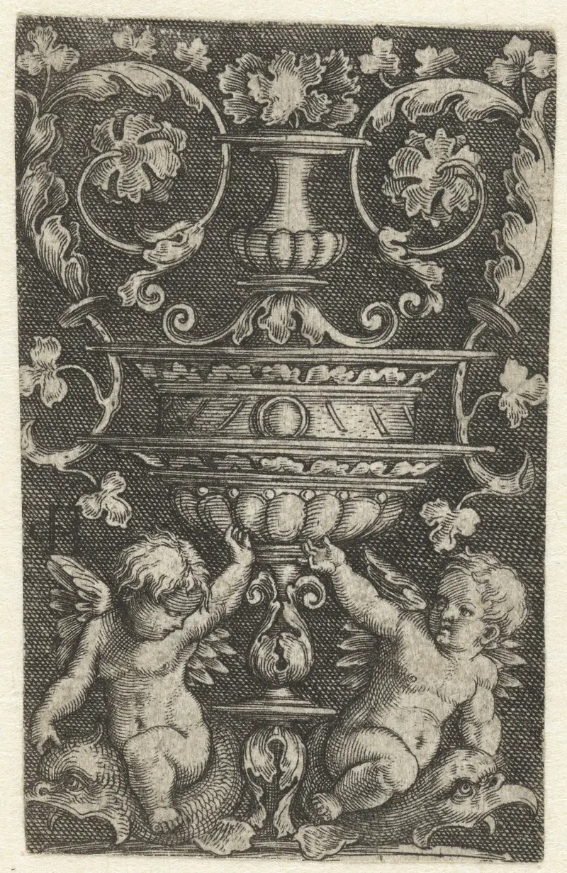 Engraving by Jacob Binck featuring two putti on dolphins beneath a decorative vase