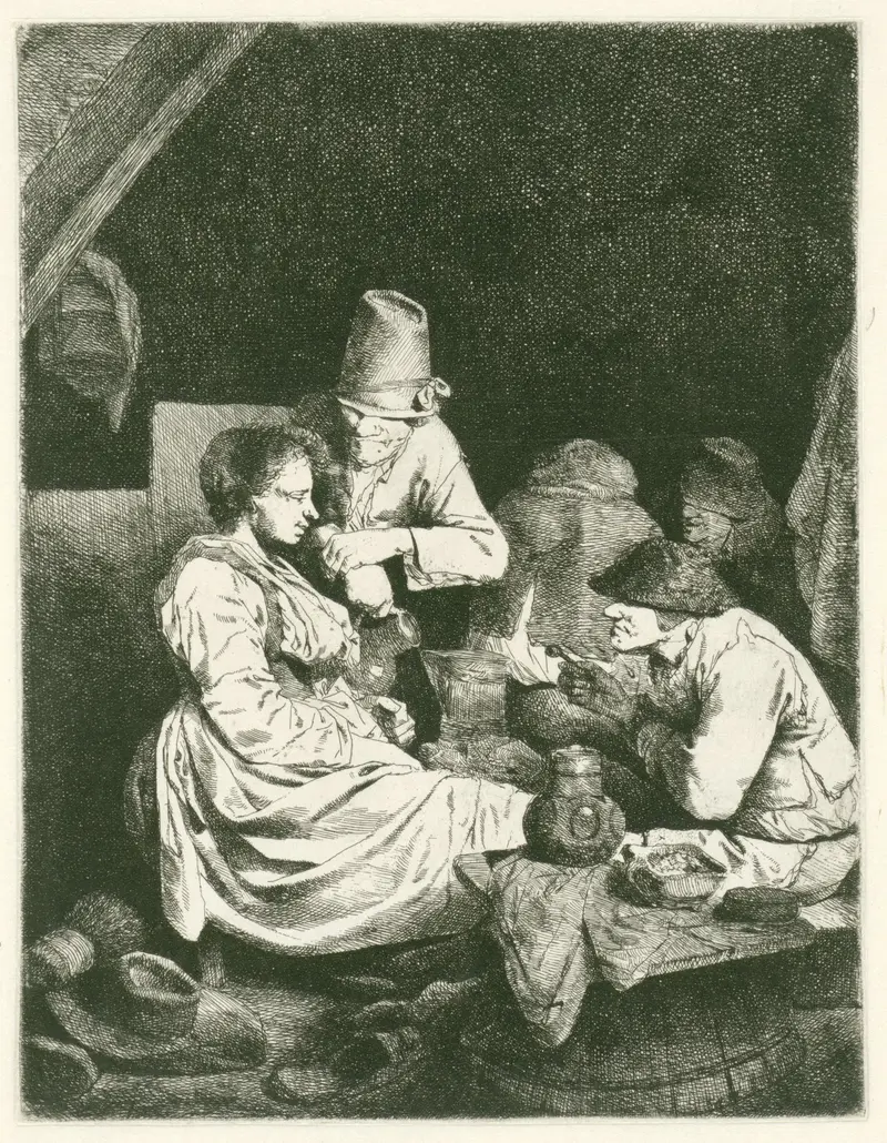 Etching by Cornelis Pietersz. Bega showing a young woman in candlelight
