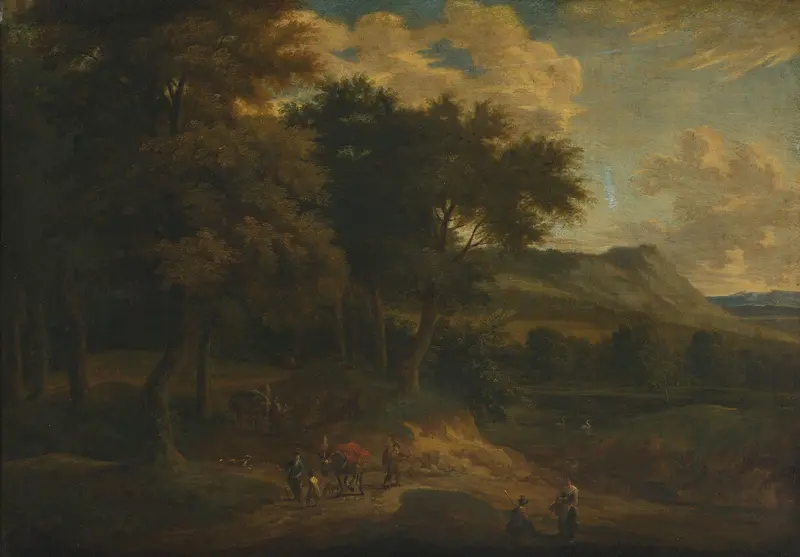 Landscape with staffage at sunset, oil on canvas by Jan Baptist Huysmans
