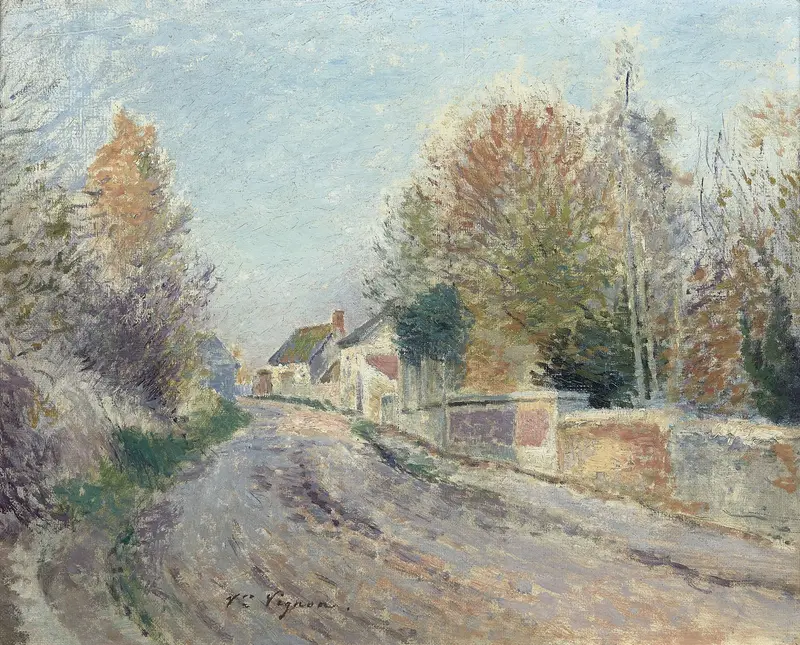 L’orée du village by Victor Vignon, oil on canvas depicting a tranquil village surrounded by greenery.