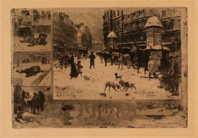 L’Hiver de 1879 a Paris by Félix Hilaire Buhot, genre scene depicting a winter street in Paris