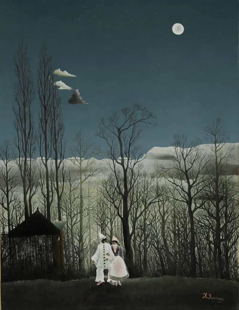 Carnival Evening by Henri Rousseau, oil painting depicting a vibrant night scene with figures.