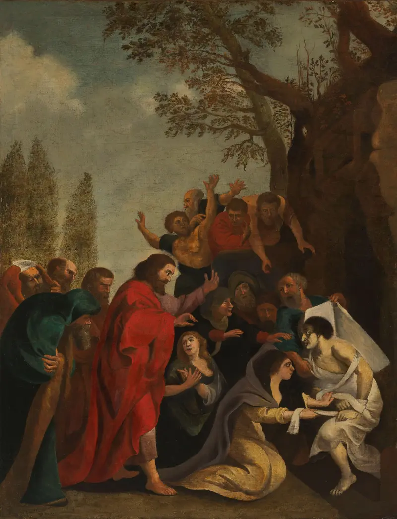 A dramatic depiction of the raising of Lazarus by Peter Paul Rubens, showcasing the moment of resurrection.