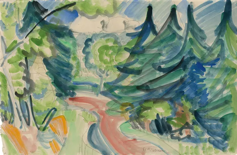 Waldstraße im Taunus, oil on canvas by Ernst Ludwig Kirchner depicting a vibrant forest landscape.