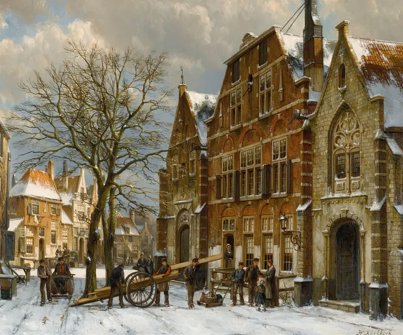 Winter street scene with figures in heavy coats by Willem Koekkoek, oil painting