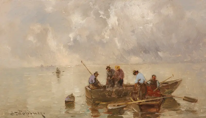 Chiemseefischer by Joseph Wopfner, oil on canvas depicting a fisherman on a lake at sunset.