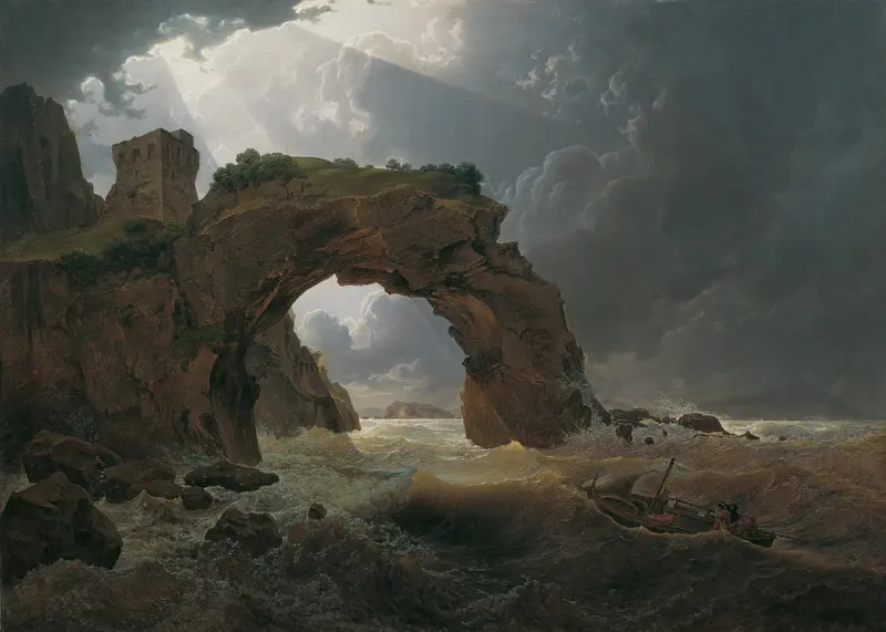 Oil painting by Joseph Rebell depicting turbulent sea and dramatic clouds.