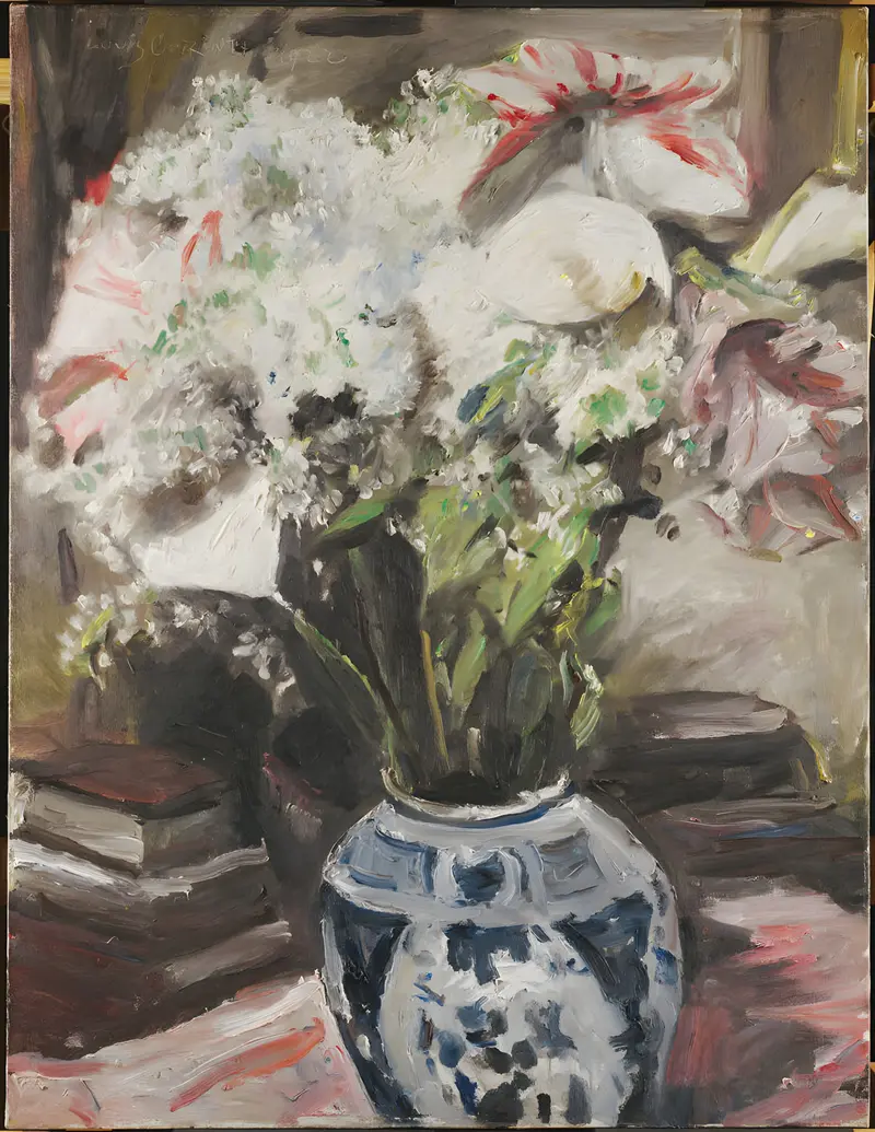Still life with amaryllis, calla lilies, and lilacs, oil on canvas by Lovis Corinth
