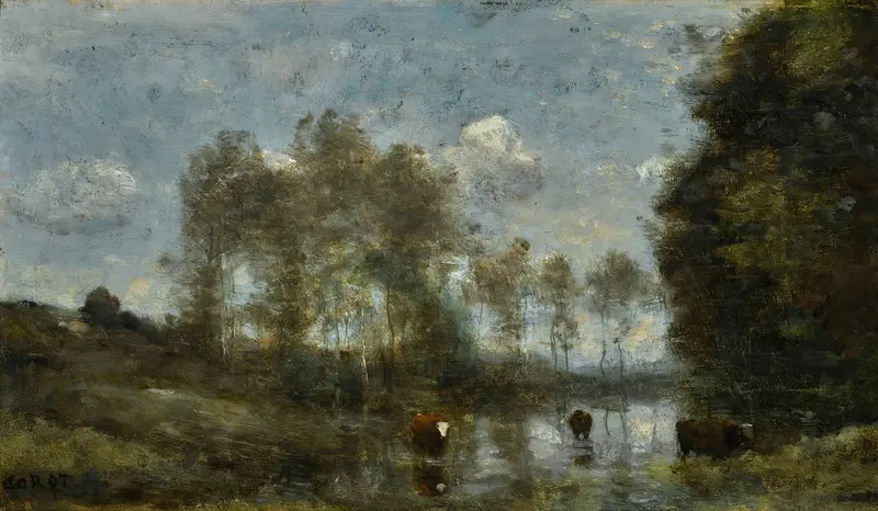 Trois Vaches Dans Un Marais by Jean-Baptiste-Camille Corot, oil on canvas depicting cows in a tranquil marshland