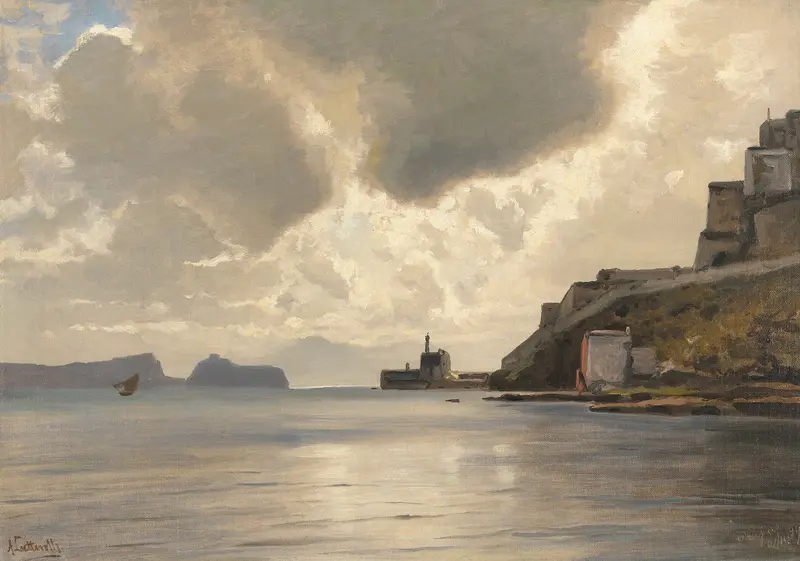 Coastal landscape with sunset over the Gulf of Pozzuoli, oil painting by Ascan Lutteroth