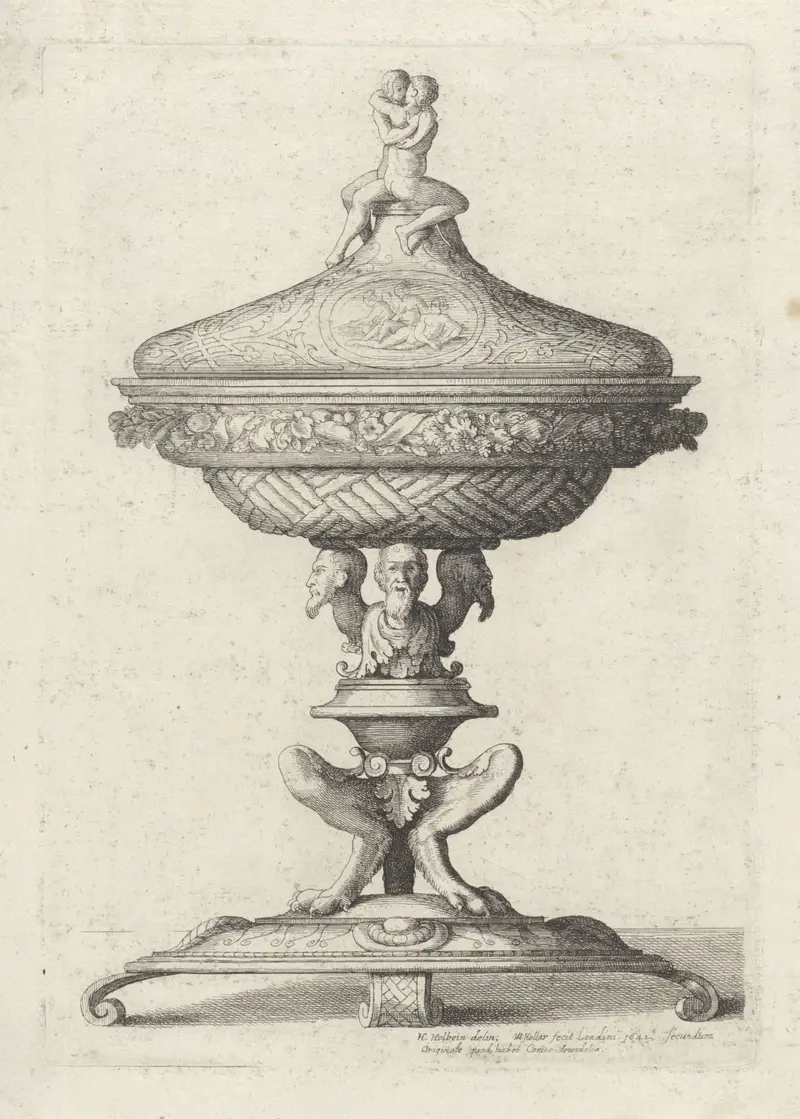 Etching by Wenceslaus Hollar depicting an ornate glass vessel and an embracing couple.