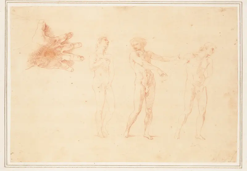This artwork features three nude male figures in a study of anatomy.