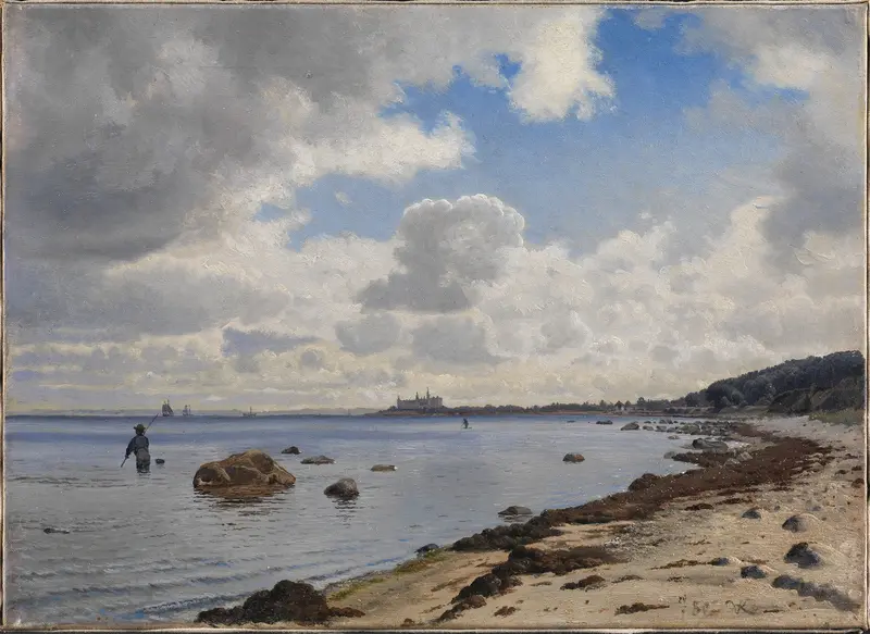 Landscape featuring Kronborg Castle and coastline, oil painting by Vilhelm Kyhn
