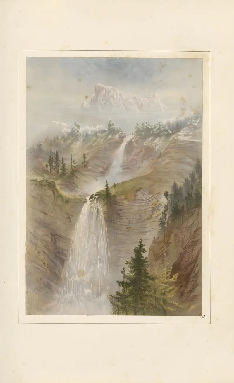 The Cascade de Roget and the Pointe de Salles by Elijah Walton, oil painting depicting a waterfall and mountains.