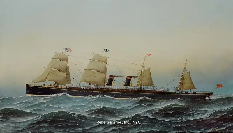 A steamship with sails unfurled and smokestacks billowing across a restless sea under a vast sky.