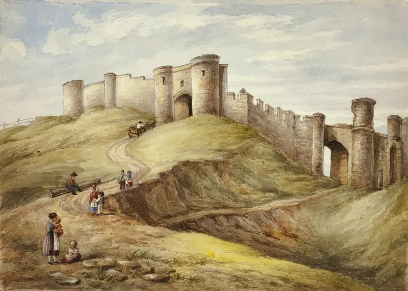 Scarborough Castle by Elizabeth Murray, oil on canvas depicting rugged cliffs and a turbulent sea.