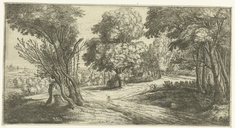 Boslandschap by Lucas van Uden, etching depicting a tranquil forest with sunlight filtering through trees.