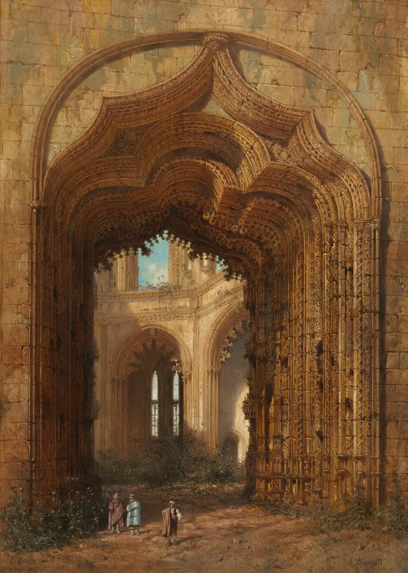 Ruined Church by Adrien Dauzats, oil on canvas depicting a decaying church at sunset