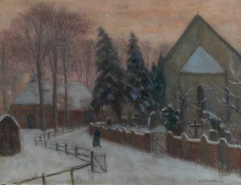 Winterabend, Fischerhuder Kirche mit Heimathaus by Otto Modersohn, oil on canvas depicting a snowy village scene