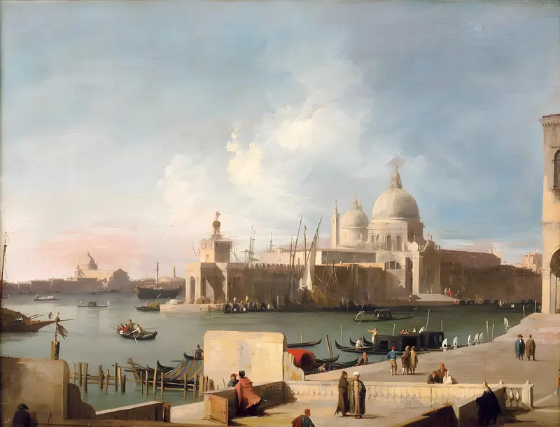Painting showing Santa Maria della Salute church with twin domes, gondolas on the canal, moored ships, and figures on a stone quay.