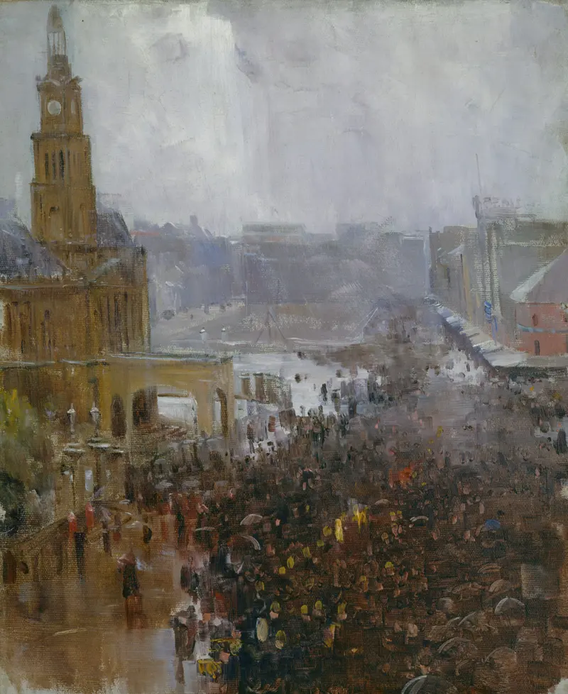 Fireman’s funeral, George Street by Arthur Streeton, oil on canvas depicting a solemn procession