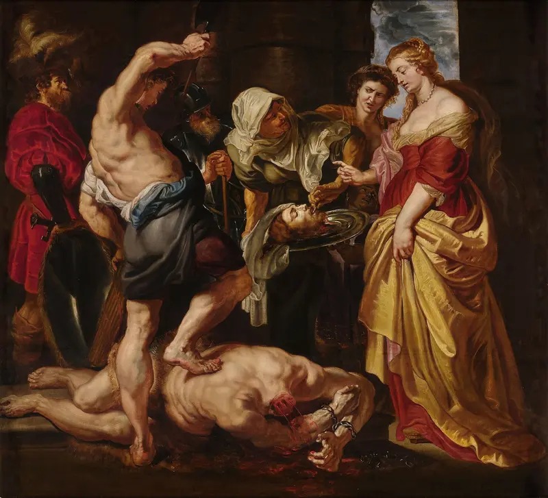 Salome receives the head of John the Baptist from the executioner in a dramatic Baroque scene.