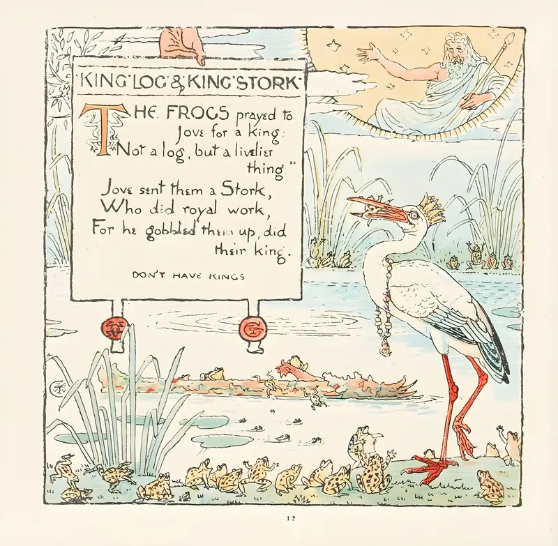This painting illustrates the fable of King Log and King Stork.