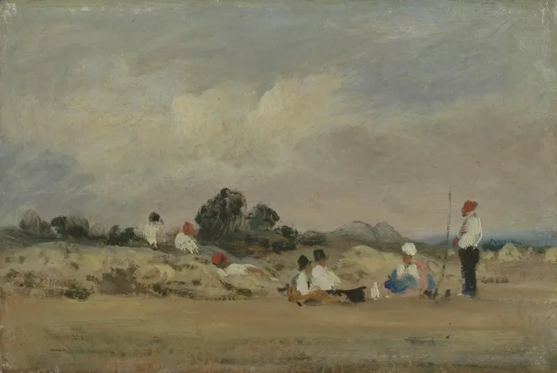 Haymakers Resting oil painting by Frederick Waters Watts showing laborers resting on grass.