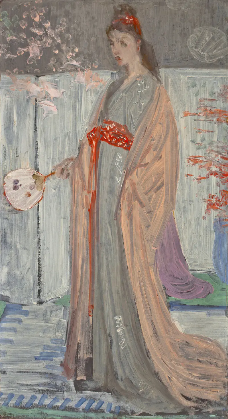 A woman in a flowing kimono stands in a dreamlike garden, holding a fan amidst floating petals.