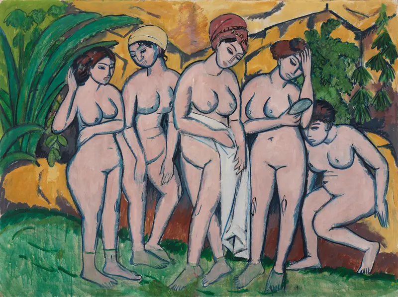 Five women bathing by a lake, engaged in casual yet deliberate gestures, surrounded by vibrant colors.