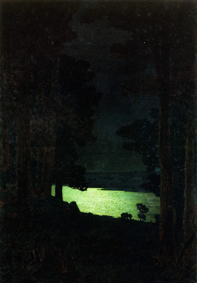 A glowing river cutting through darkness, framed by trees in a night landscape.