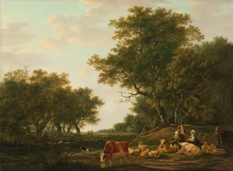 Landscape with Peasants with their Cattle and Anglers on the Water, oil painting by Jacob van Strij