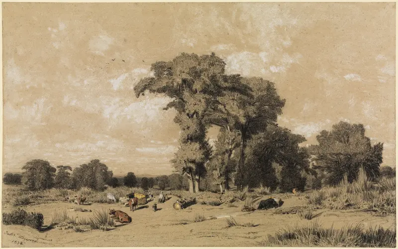 Weidelandschaft im Limousin by Jules Dupré, oil on canvas depicting a serene river landscape.