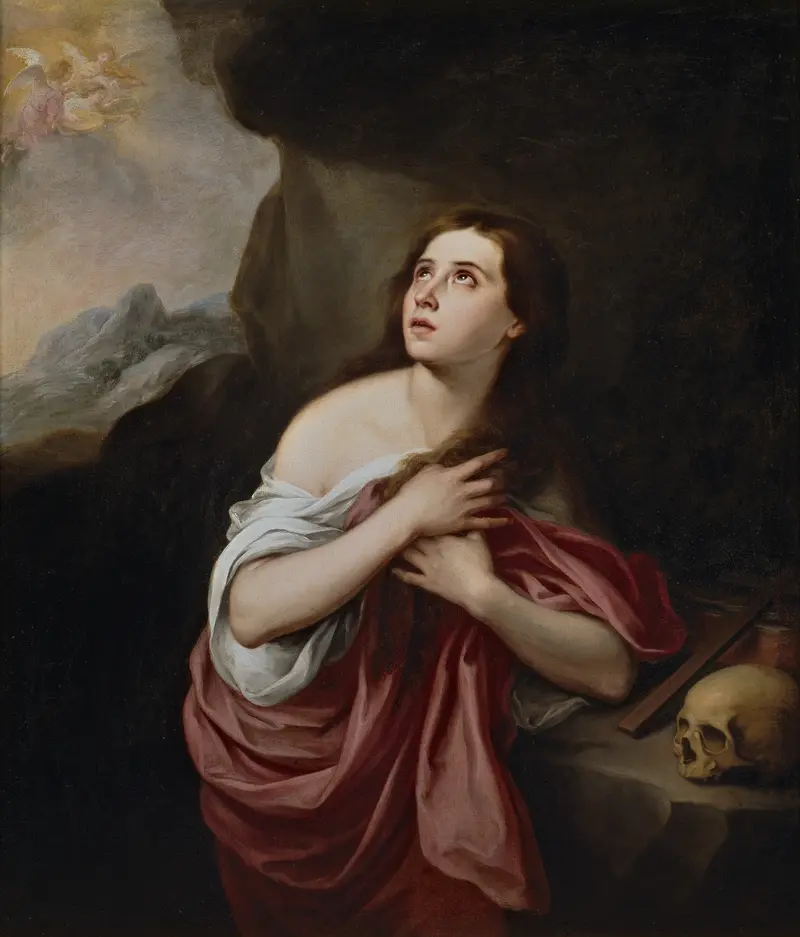 A depiction of Mary Magdalene in a moment of solitary repentance, illuminated by soft golden light.
