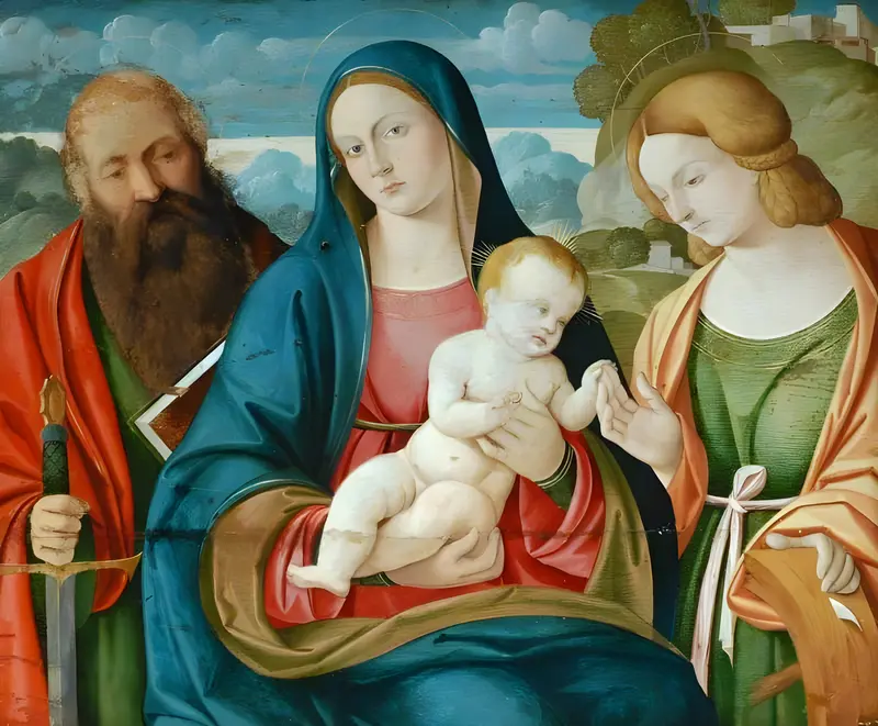 The Madonna and Child with Saint Paul and Saint Catherine by Giovanni Bellini depicts a serene moment of divine communion.