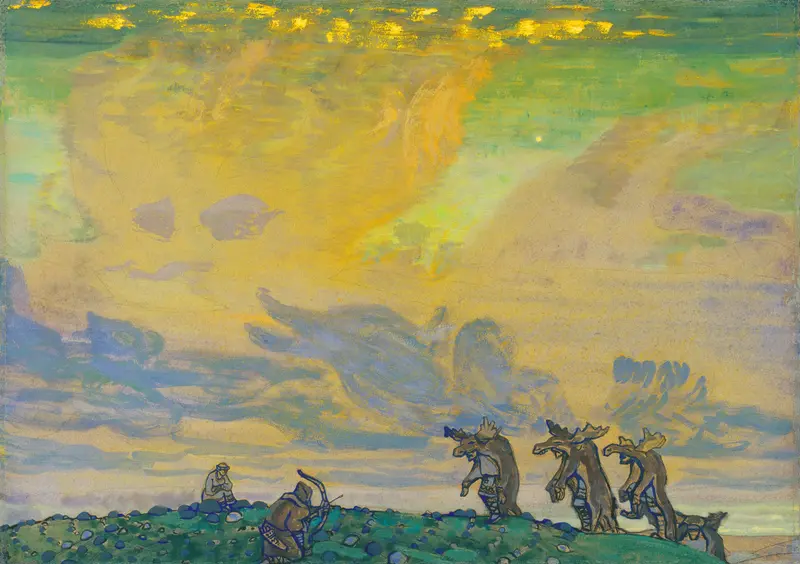 The Great Sacrifice by Nicholas Roerich, oil on canvas depicting mythological figures in dynamic tension.