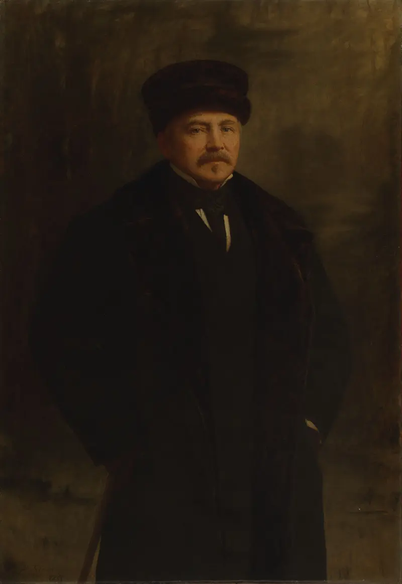 Portrait of Amos Adams Lawrence, oil on canvas by Eastman Johnson, featuring a thoughtful expression.