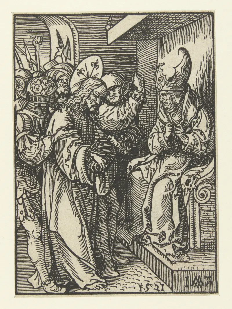 Christus voor Kajafas by Jacob Cornelisz van Oostsanen, paper artwork depicting Christ surrounded by shadowy figures.