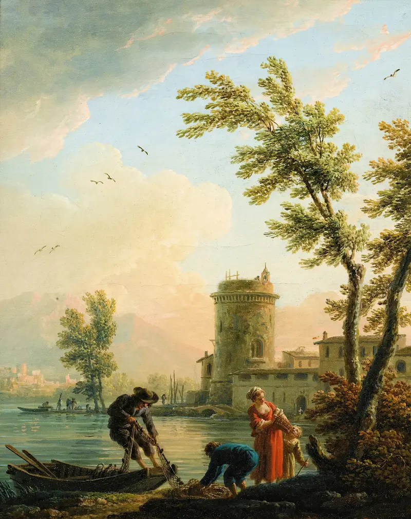 Fishers at sunrise, oil on canvas by Claude-Joseph Vernet, depicting fishermen on calm waters at dawn.