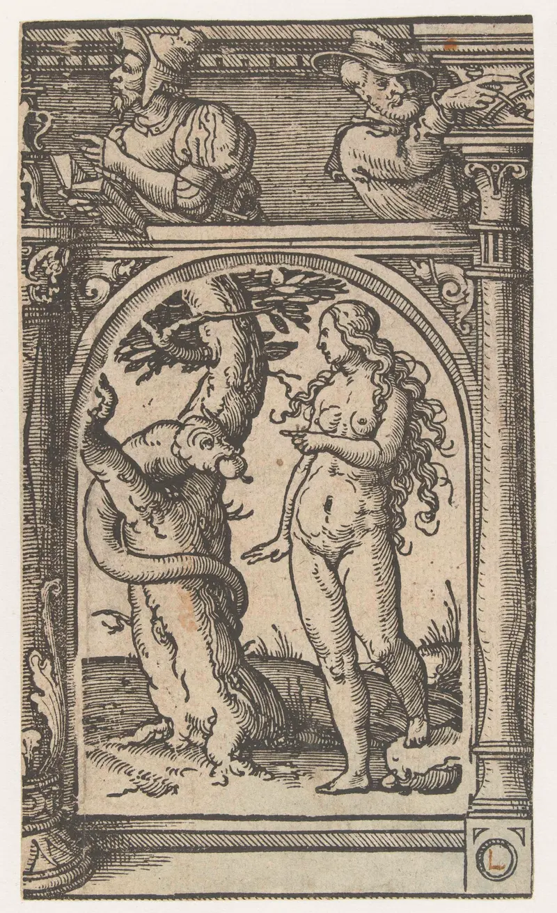 Eva met de slang, a paper artwork by Unknown Artist depicting a female figure with a serpent.