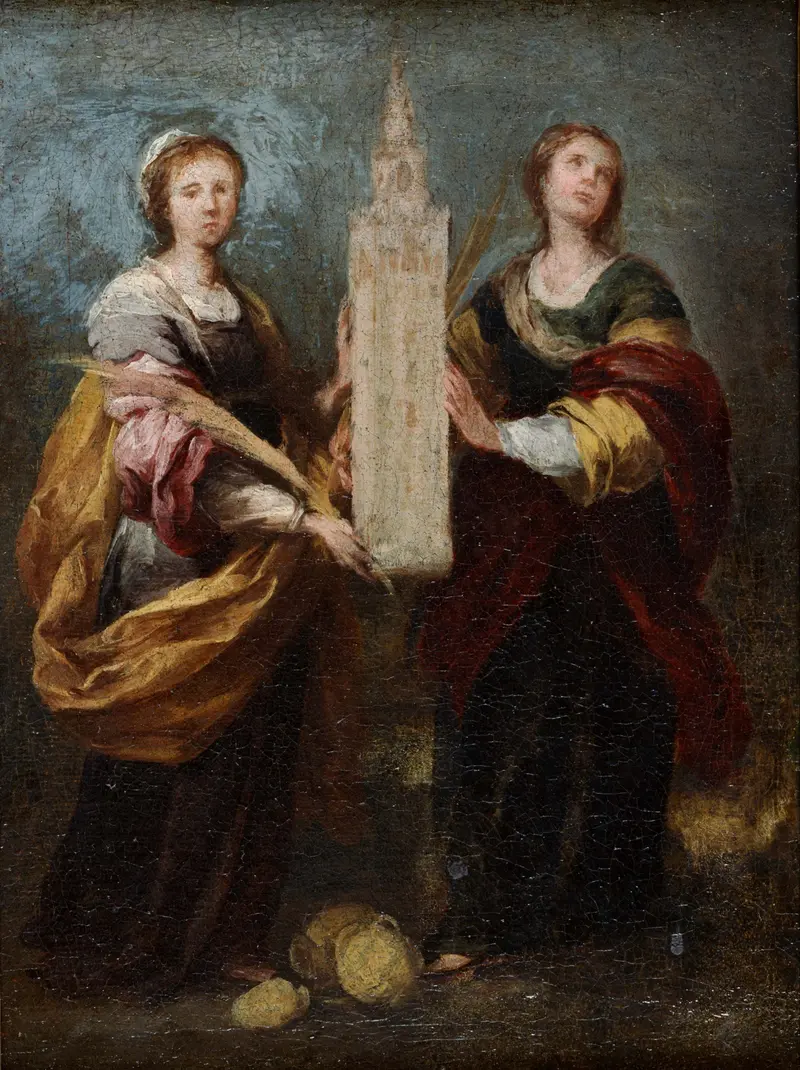 Two women stand side by side holding a tall slender tower, each holding a palm frond, with broken pottery on the ground beneath them.