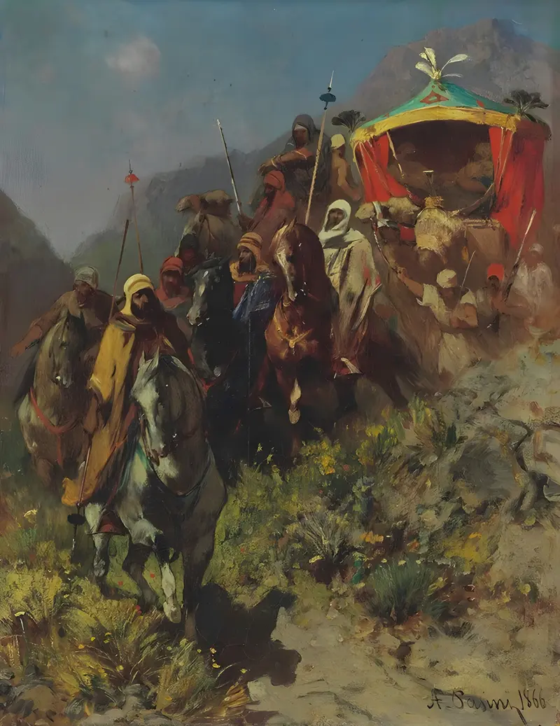 A caravan traverses a rugged mountain pass in this captivating landscape painting.