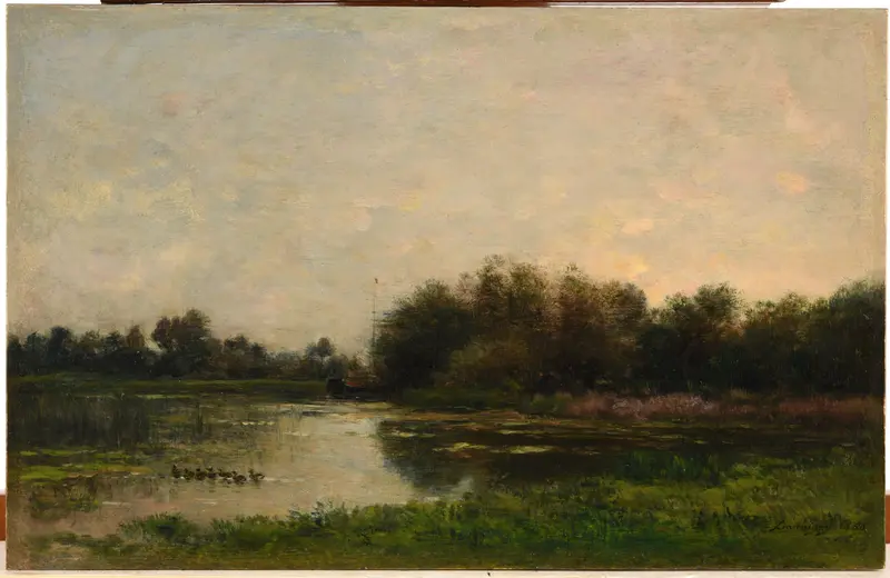 Bords de l’Oise by Charles François Daubigny, oil painting of a tranquil river landscape with gentle grasses.