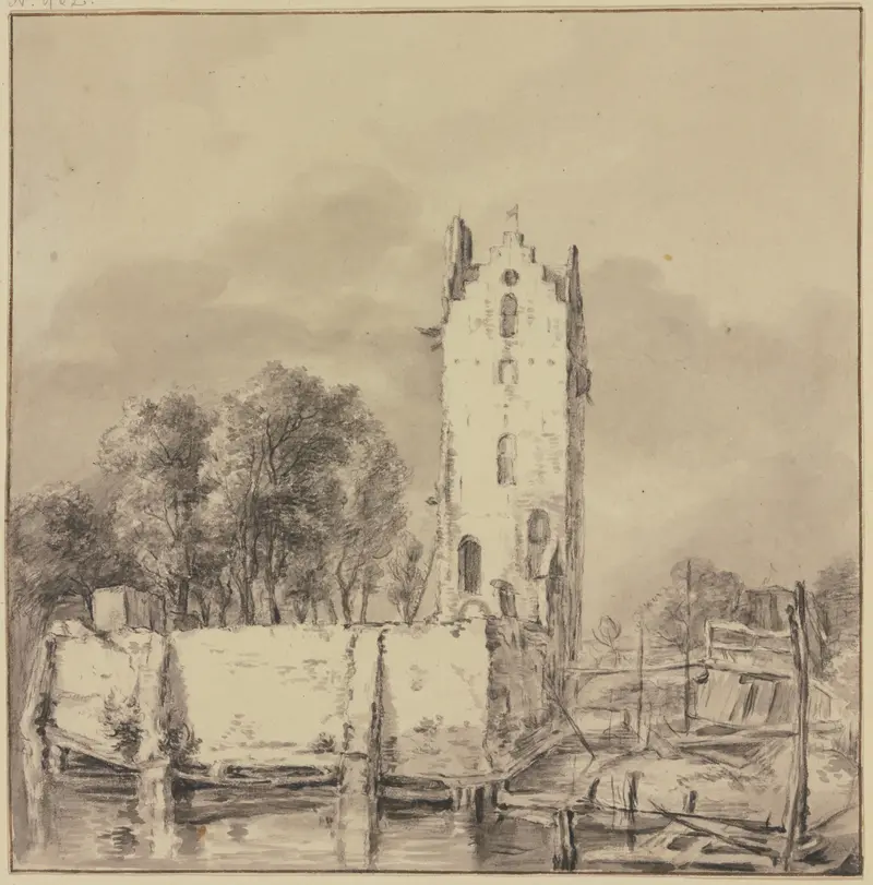 Tower surrounded by water, oil painting by Jan Hulswit