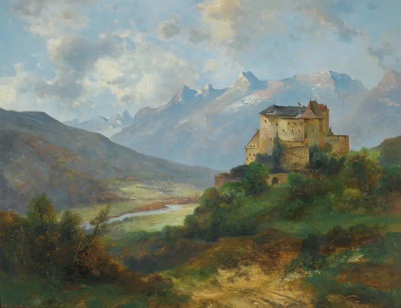 Schloss Vaduz by Adolf Obermüllner, oil on canvas depicting a castle against rolling hills.