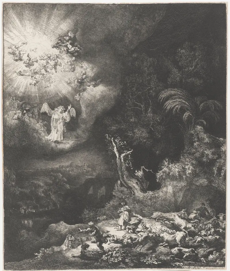Rembrandt's 'The Angel Appearing to the Shepherds' captures a divine moment in a rural setting.