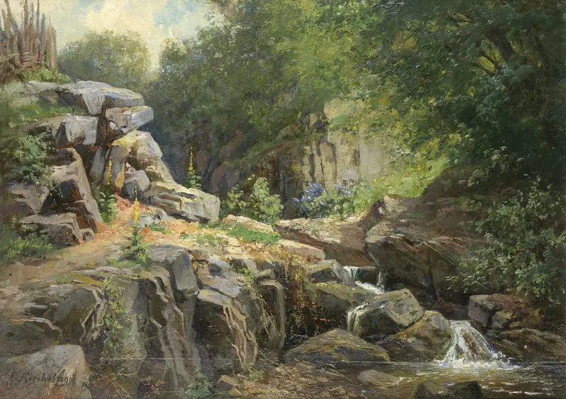 Waldbach im Sonnenschein, oil on canvas by Ernestine von Kirchsberg, depicting a tranquil stream in a sunlit forest.