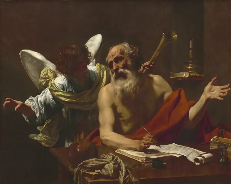 Saint Jerome listens to an angel, capturing a moment of divine inspiration.