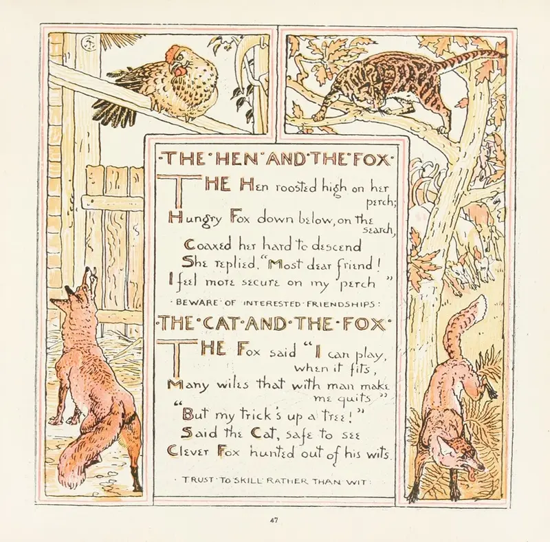 A whimsical illustration featuring a hen and a fox, alongside a cat, by Walter Crane.