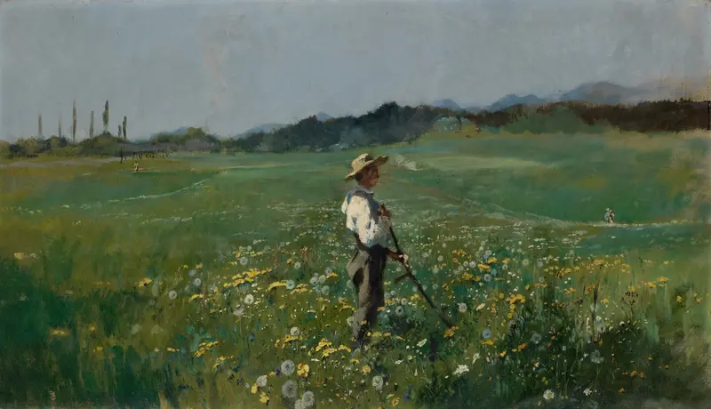 Reaper in a Flowery Meadow by Frank Buchser, oil painting featuring a reaper surrounded by colorful flowers.